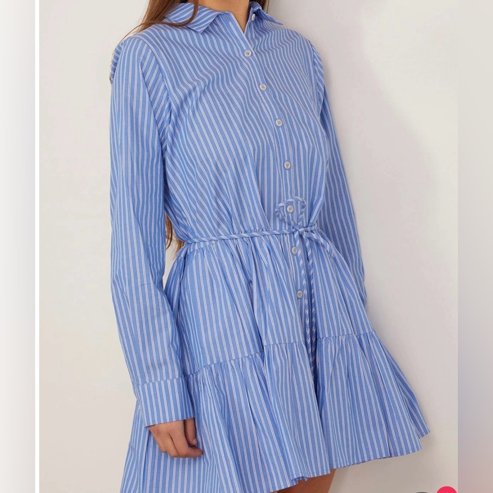 Apiece Apart Blue and White Long Sleeve A-Line Dress